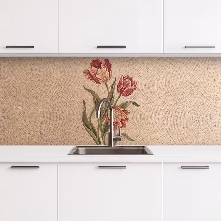 Bloemen - Mozaïek - Rood - Groen - Kunst keuken achterwand 2 middel -3d