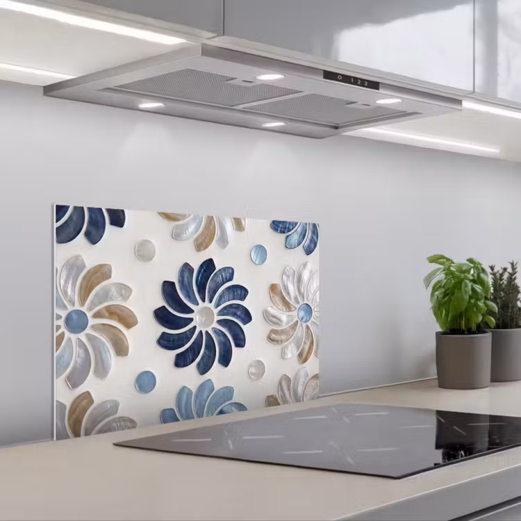 Bloemen - Parelmoer - Abstract - Patroon - Blauw keuken achterwand spatscherm klein -3d_schuin