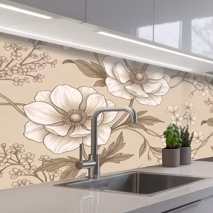 Bloemen - Patroon - Beige keuken achterwand 2 middel -3d_schuin