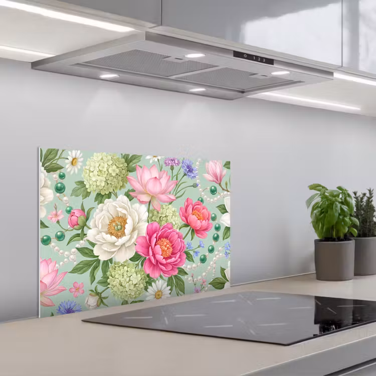 Bloemen - Patroon - Botanisch - Groen keuken achterwand spatscherm klein -3d_schuin