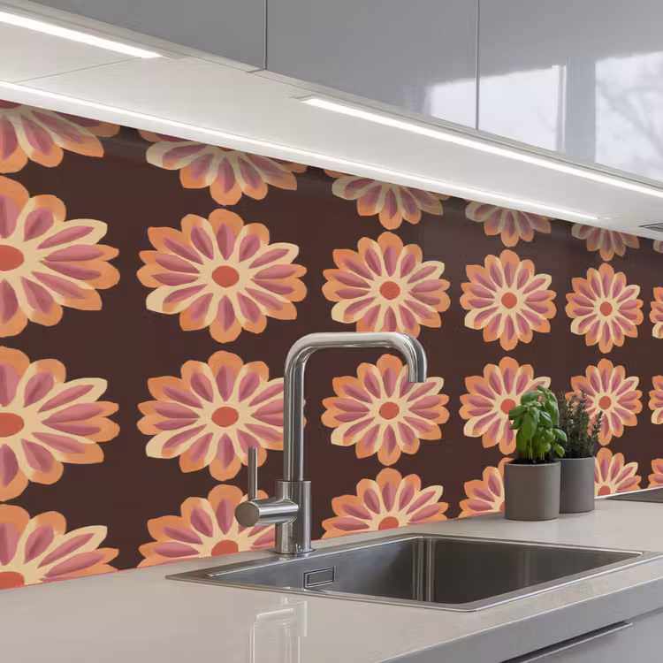 Bloemen - Patroon - Bruin keuken achterwand 2 middel 871 -3d_schuin