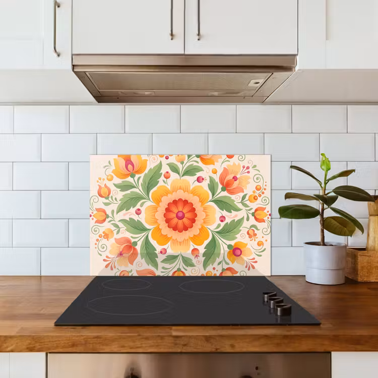 Bloemen - Patroon - Decoratief - Oranje keuken achterwand spatscherm klein -sfeer2
