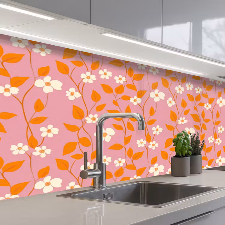 Bloemen - Patroon - Oranje keuken achterwand 2 middel 871 -3d_schuin