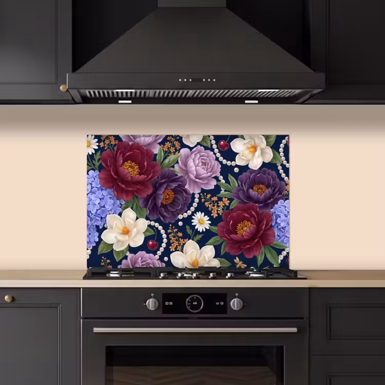 Bloemen - Parels - Decoratie - Modern - Blauw keuken achterwand spatscherm klein -sfeer1