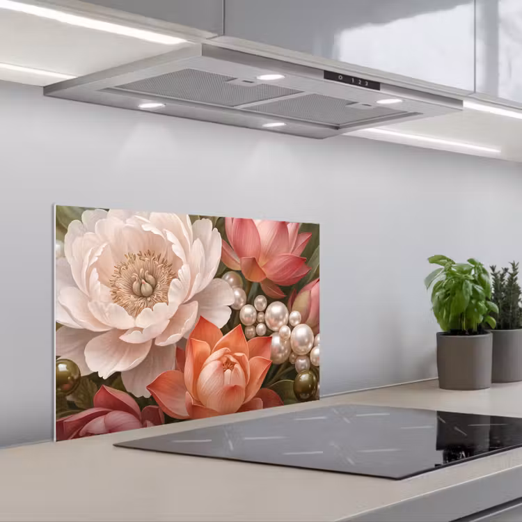 Bloemen - Parels - Elegant - Roze - Wit keuken achterwand spatscherm klein -3d_schuin