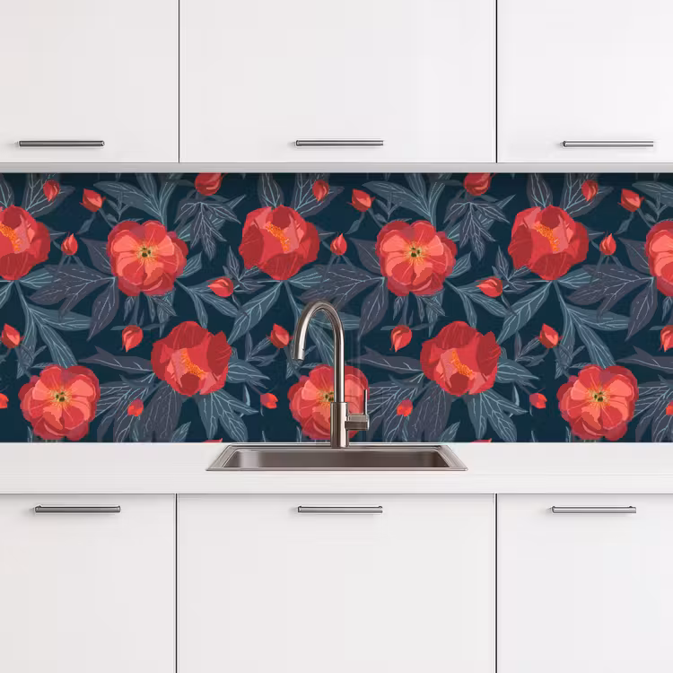 Bloemen - Rood - Bladeren - Patronen keuken achterwand 2 middel 871 -3d