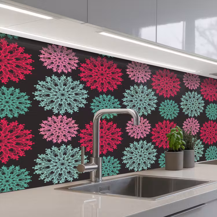 Bloemen - Vintage - Roze - Turquoise - Patronen keuken achterwand 2 middel 871 -3d_schuin