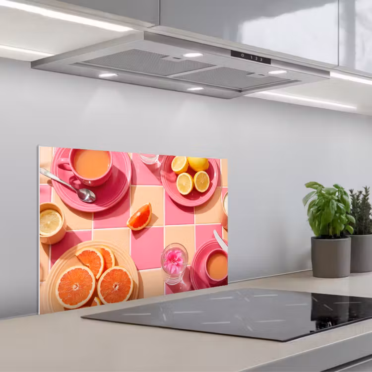Eten - Citrusvruchten - Stillevens - Roze - Oranje keuken achterwand spatscherm klein -3d_schuin