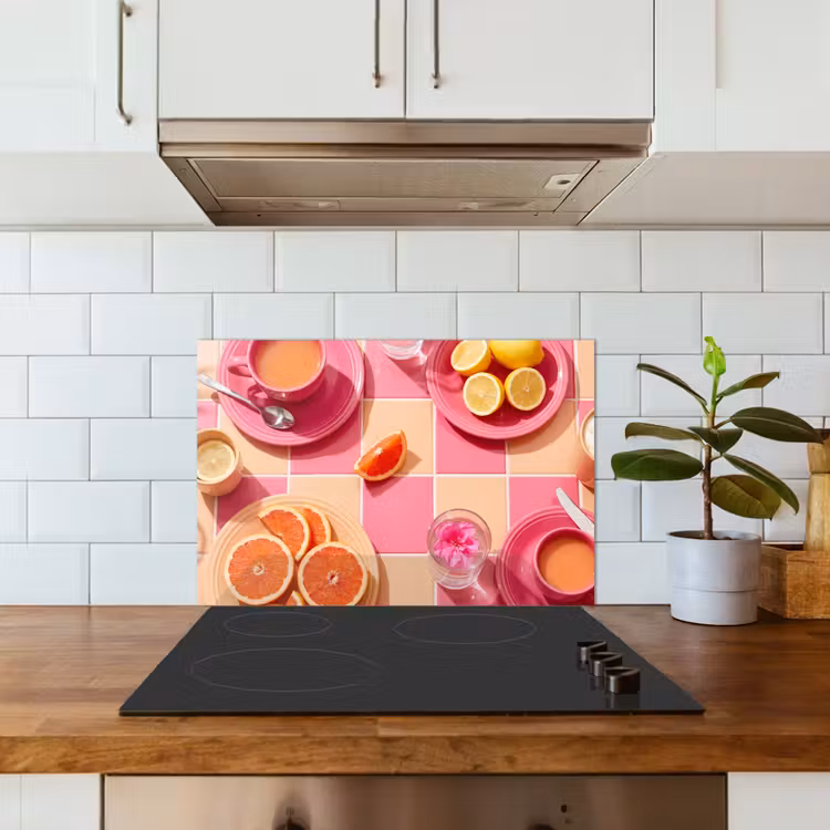 Eten - Citrusvruchten - Stillevens - Roze - Oranje keuken achterwand spatscherm klein -sfeer2