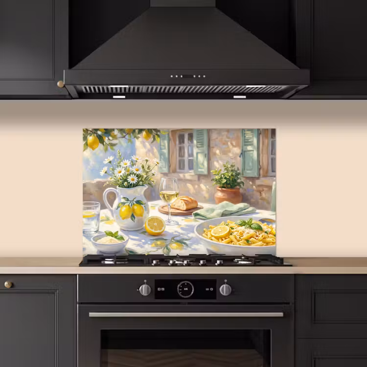 Eten - Terras - Zomer - Geschilderd - Geel keuken achterwand spatscherm klein -sfeer1