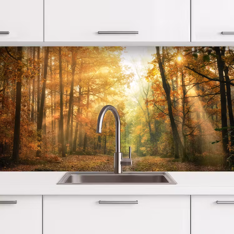 Bos - Herfst - Zon - Landschap - Natuur - Bomen - Bladeren keuken achterwand sample klein -zzzz3d_schuin