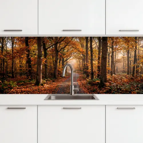 Bospad - Herfstbos - Bladeren - Oranje - Nostalgisch keuken achterwand 2 middel -3d