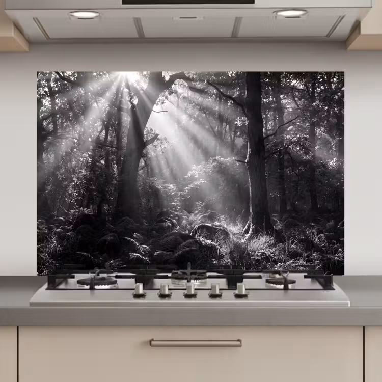Bos - Lichtstralen - Natuur - Zwart-wit keuken achterwand spatscherm klein -3d_website
