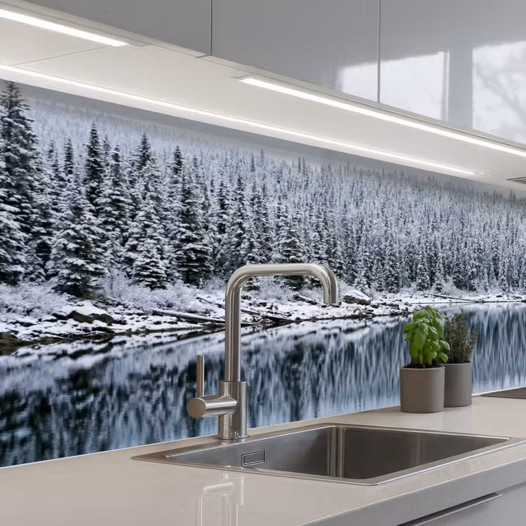 Bos - Reflectie - Meer - Winter - Serene keuken achterwand 2 middel -3d_schuin