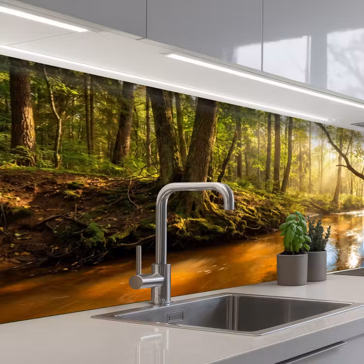 Bos - Beek - Zonlicht - Natuur - Groen keuken achterwand 2 middel -3d_schuin