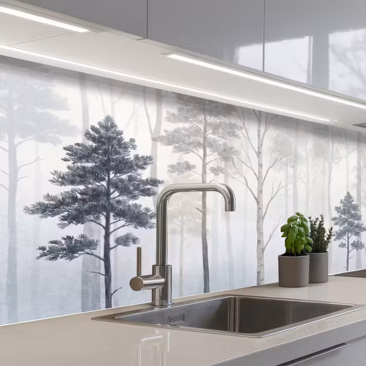 Bos - Bomen - Mist - Natuur - Illustratie - Grijs keuken achterwand 2 middel -3d_schuin