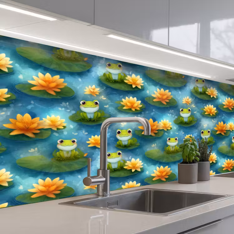 Kikker - Lelies - Groen keuken achterwand 2 middel 871 -3d_schuin