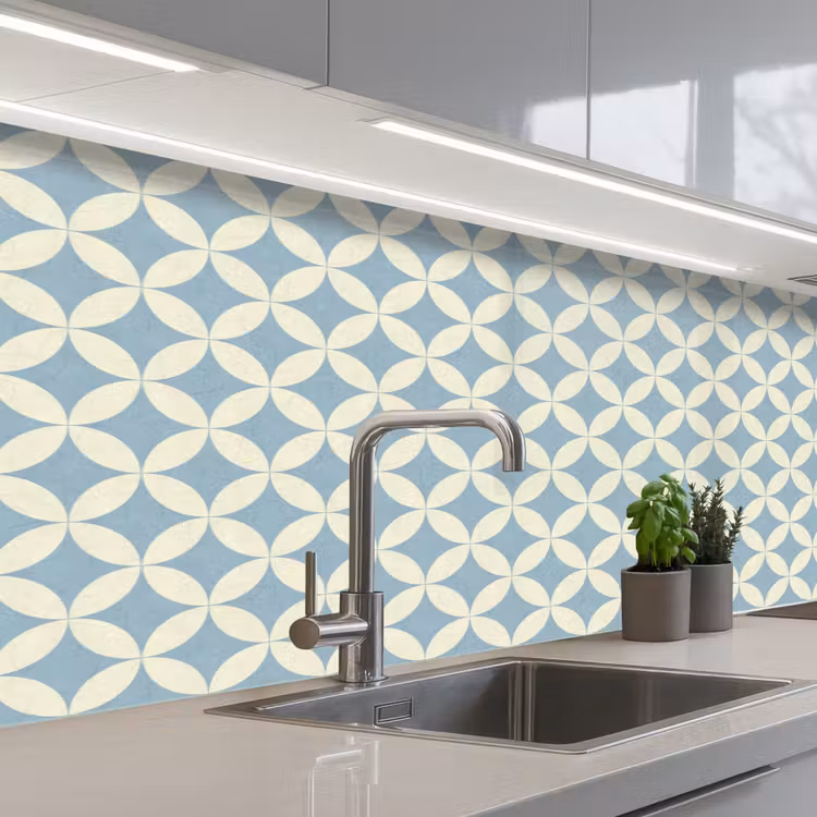 Geometrisch - Bloem - Motief - Blauw keuken achterwand 2 middel 871 -3d_schuin