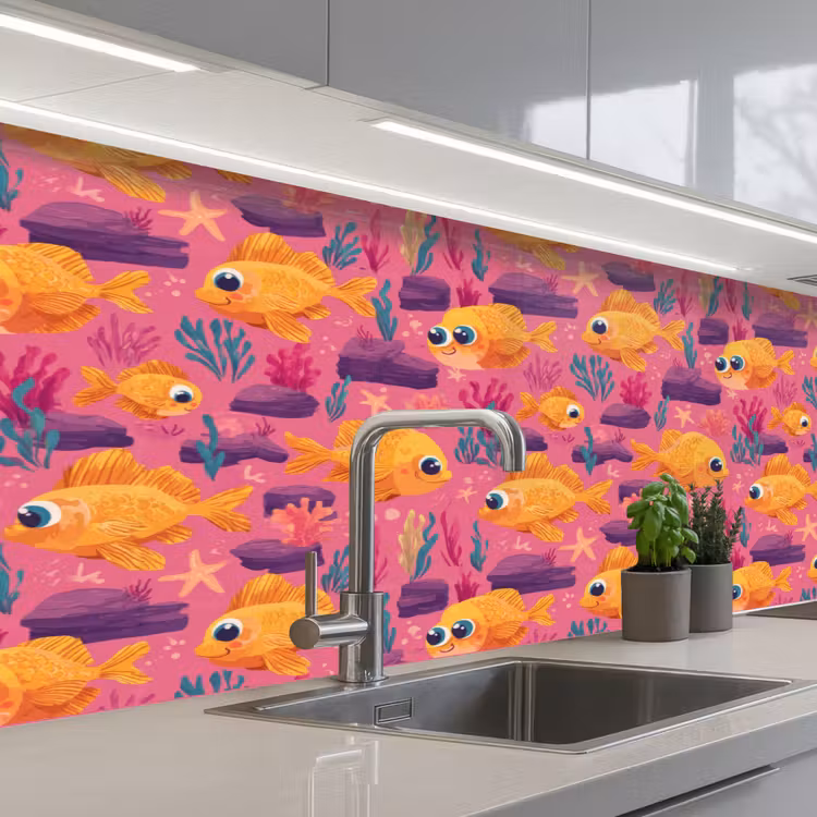 Goudvissen - Koraal - Kleurrijk keuken achterwand 2 middel 871 -3d_schuin