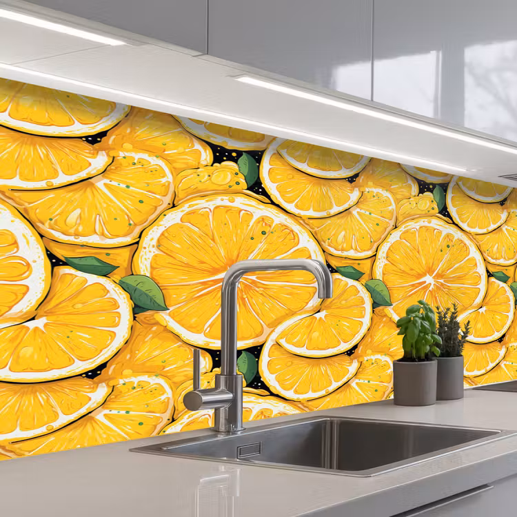 Grafisch - Citroenschijven - Blaadjes keuken achterwand 2 middel 871 -3d_schuin