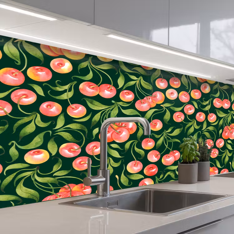 Groen - Rood - Kersen - Bladeren keuken achterwand 2 middel 871 -3d_schuin