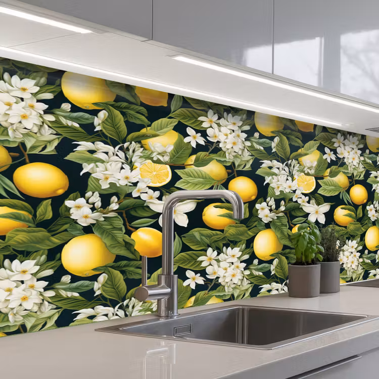 Hangende - Citroenen - Witte - Bloemetjes keuken achterwand 2 middel 871 -3d_schuin