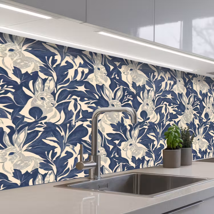 Hazen - Bladeren - Patroon - Blauw - Beige keuken achterwand 2 middel 871 -3d_schuin