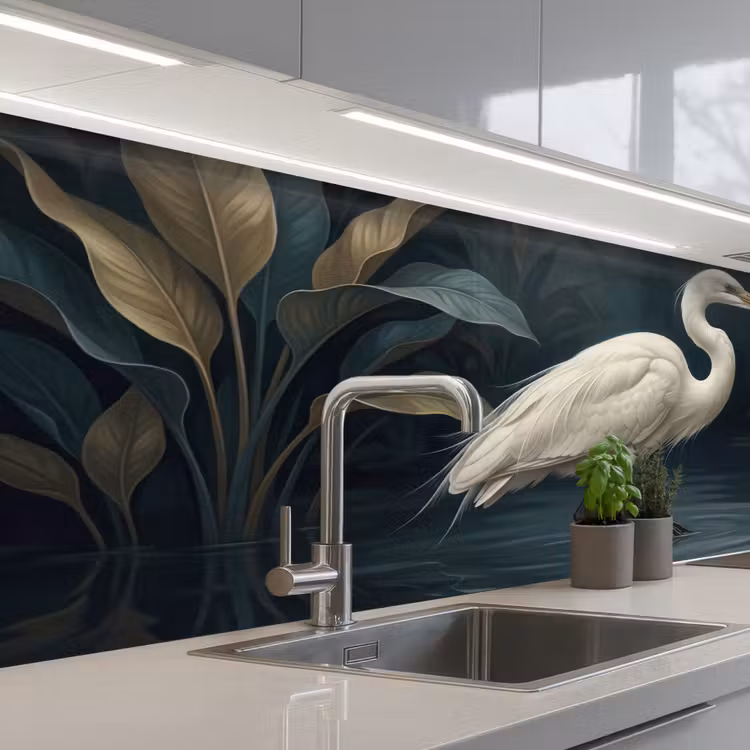 Reiger - Water - Natuur - Modern - Wit keuken achterwand 2 middel -3d_schuin