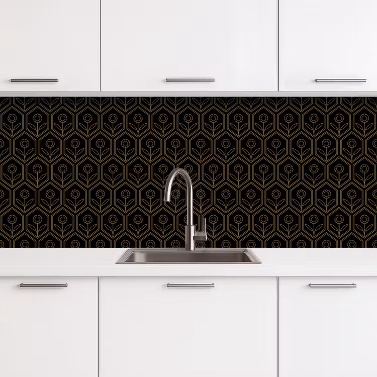 Zeshoek - Zwart - Goud - Bloem keuken achterwand 2 middel 871 -3d