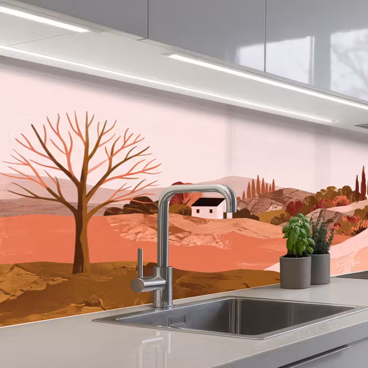 Heuvellandschap - Grafisch - Terracotta keuken achterwand 2 middel -3d_schuin