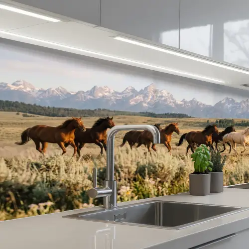 Paarden - Kudde - Bergen - Vrijheid - Wild keuken achterwand 2 middel -3d_schuin