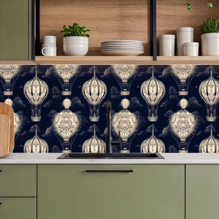 Luchtballonnen - Wolken - Patroon - Donkerblauw keuken achterwand 2 middel 871 -sfeer3