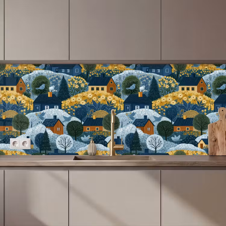 Huisjes - Bloemen - Patroon - Geel - Blauw keuken achterwand 2 middel 871 zz_3dshopping