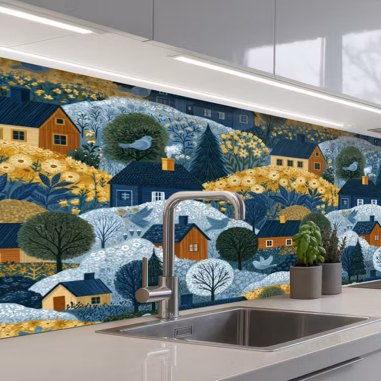 Huisjes - Bloemen - Patroon - Geel - Blauw keuken achterwand 2 middel 871 -3d_schuin