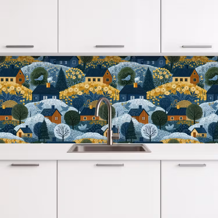 Huisjes - Bloemen - Patroon - Geel - Blauw keuken achterwand 2 middel 871 -3d