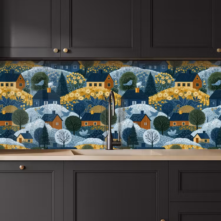 Huisjes - Bloemen - Patroon - Geel - Blauw keuken achterwand 2 middel 871 -sfeer1