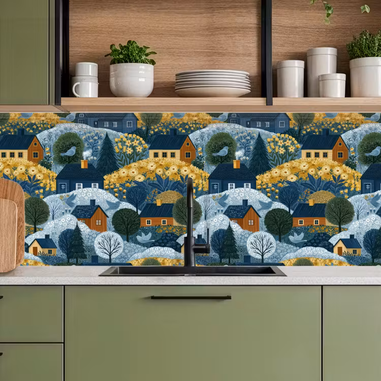Huisjes - Bloemen - Patroon - Geel - Blauw keuken achterwand 2 middel 871 -sfeer3