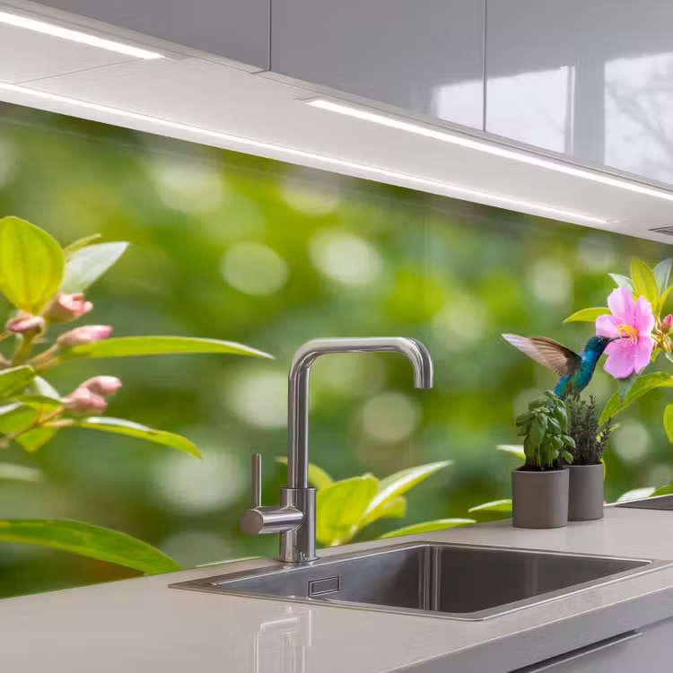 Kolibrie - Bloem - Natuur - Groen keuken achterwand 2 middel -3d_schuin