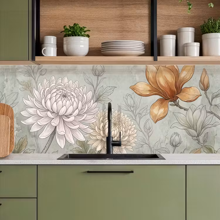 Illustratie - Bloemen - Groen keuken achterwand 2 middel -sfeer3