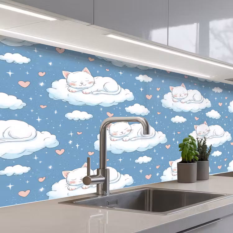 Kitten - Wolken - Blauw keuken achterwand 2 middel 871 -3d_schuin