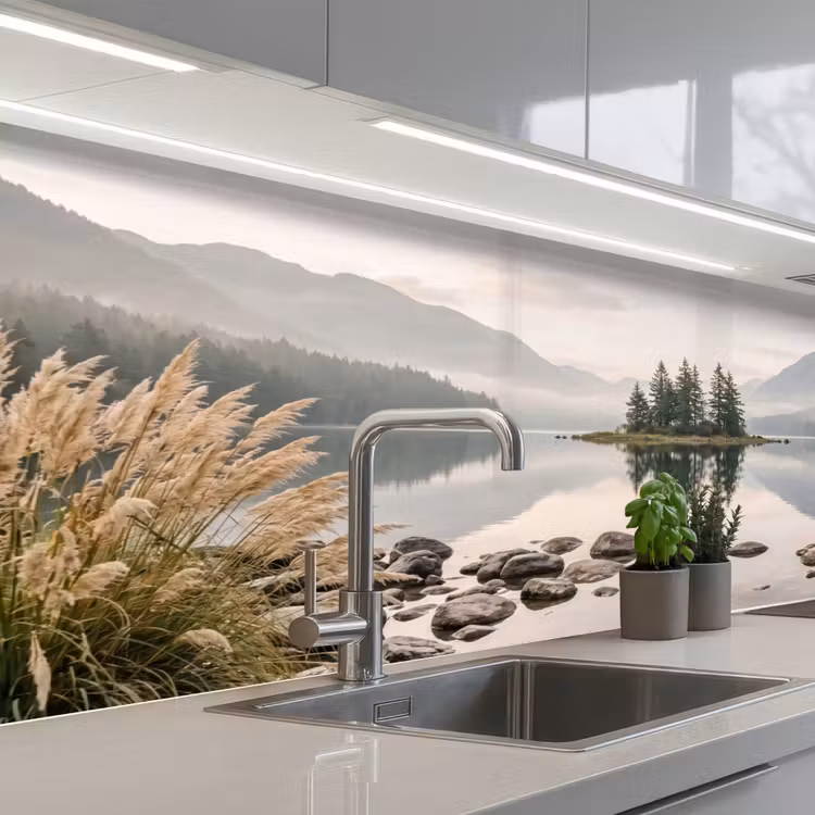 Meer - Bergen - Landschap - Groen keuken achterwand 2 middel -3d_schuin