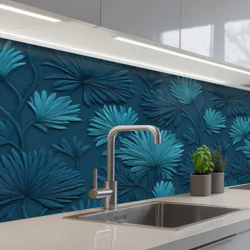 Bladeren - Reliëf - Patroon - Oceaanblauw - Modern keuken achterwand 2 middel 871 -3d_schuin