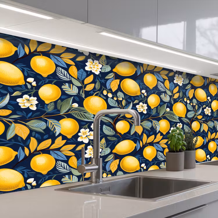 Citroenen - Bloemen - Bladeren - Blauw keuken achterwand 2 middel 871 -3d_schuin