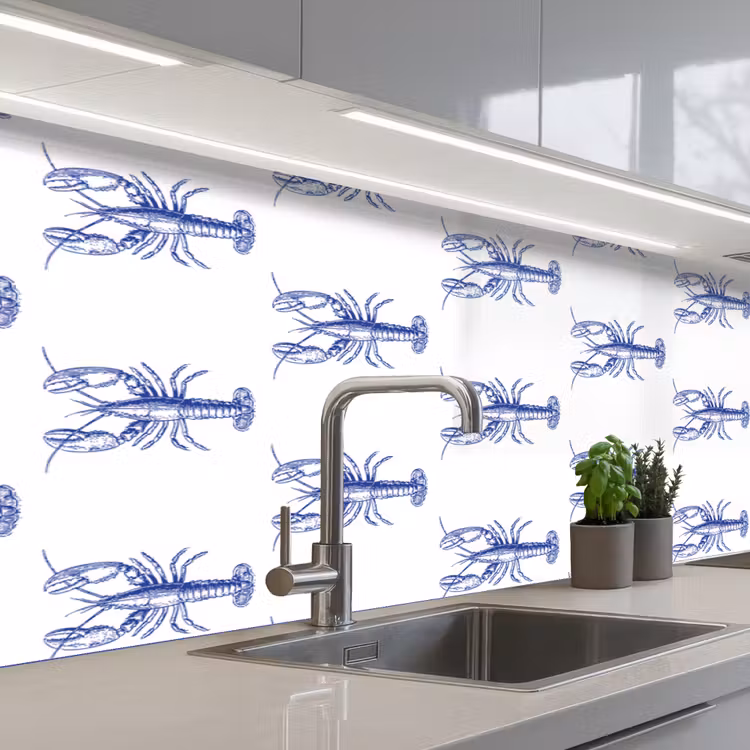 Kreeften - Patroon - Blauw - Wit keuken achterwand 2 middel -3d_schuin