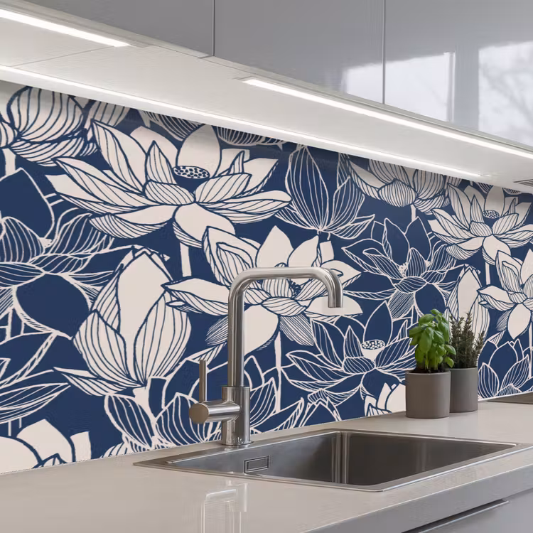 Lotus - Blauw - Patronen keuken achterwand 2 middel 871 -3d_schuin