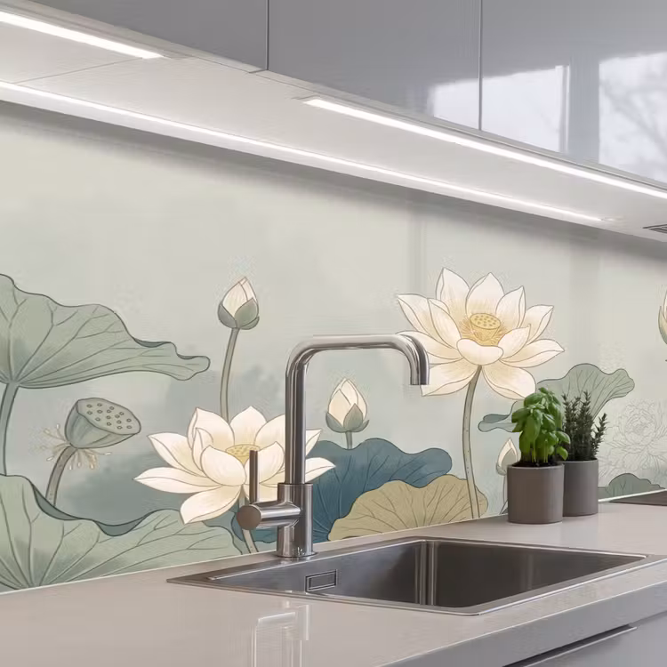 Lotus - Bloemen - Groen keuken achterwand 2 middel -3d_schuin