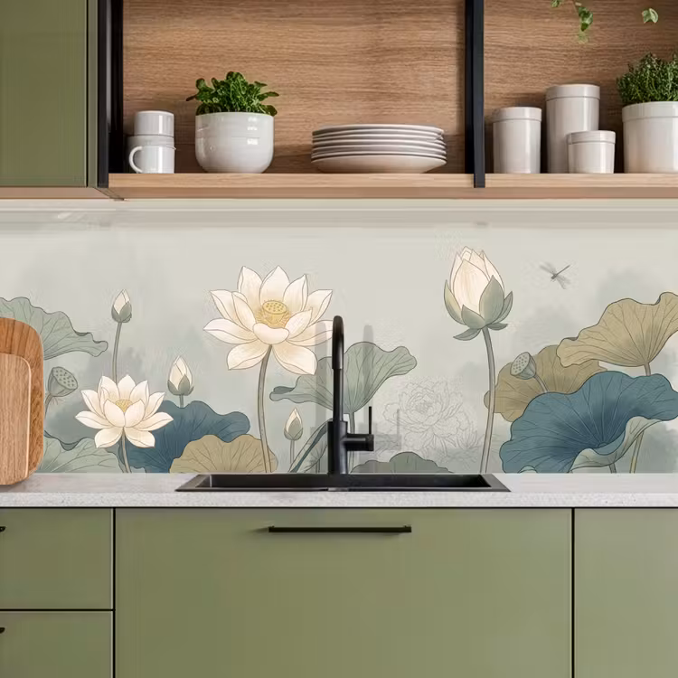 Lotus - Bloemen - Groen keuken achterwand 2 middel -sfeer3