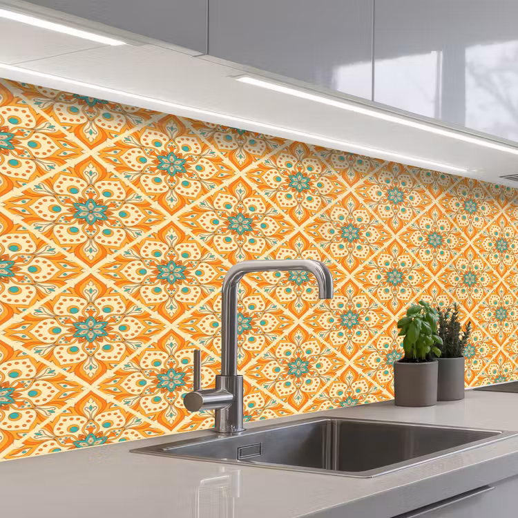 Mandala - Boho - Bloemen - Oranje - Patroon keuken achterwand 2 middel 871 -3d_schuin