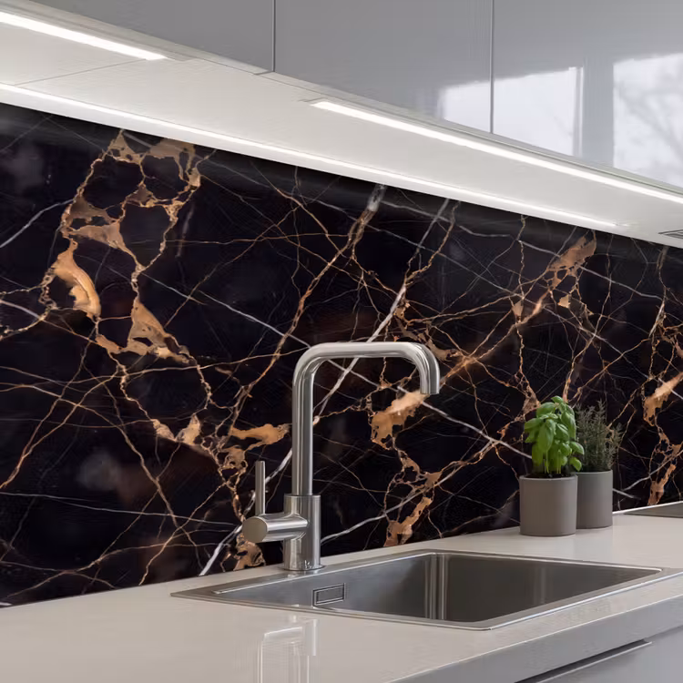 Marmer - Goud - Abstract - Zwart keuken achterwand 2 middel -3d_schuin