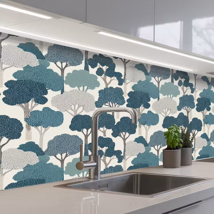 Modern - Bomen - Bos - Patroon - Blauw keuken achterwand 2 middel 871 -3d_schuin